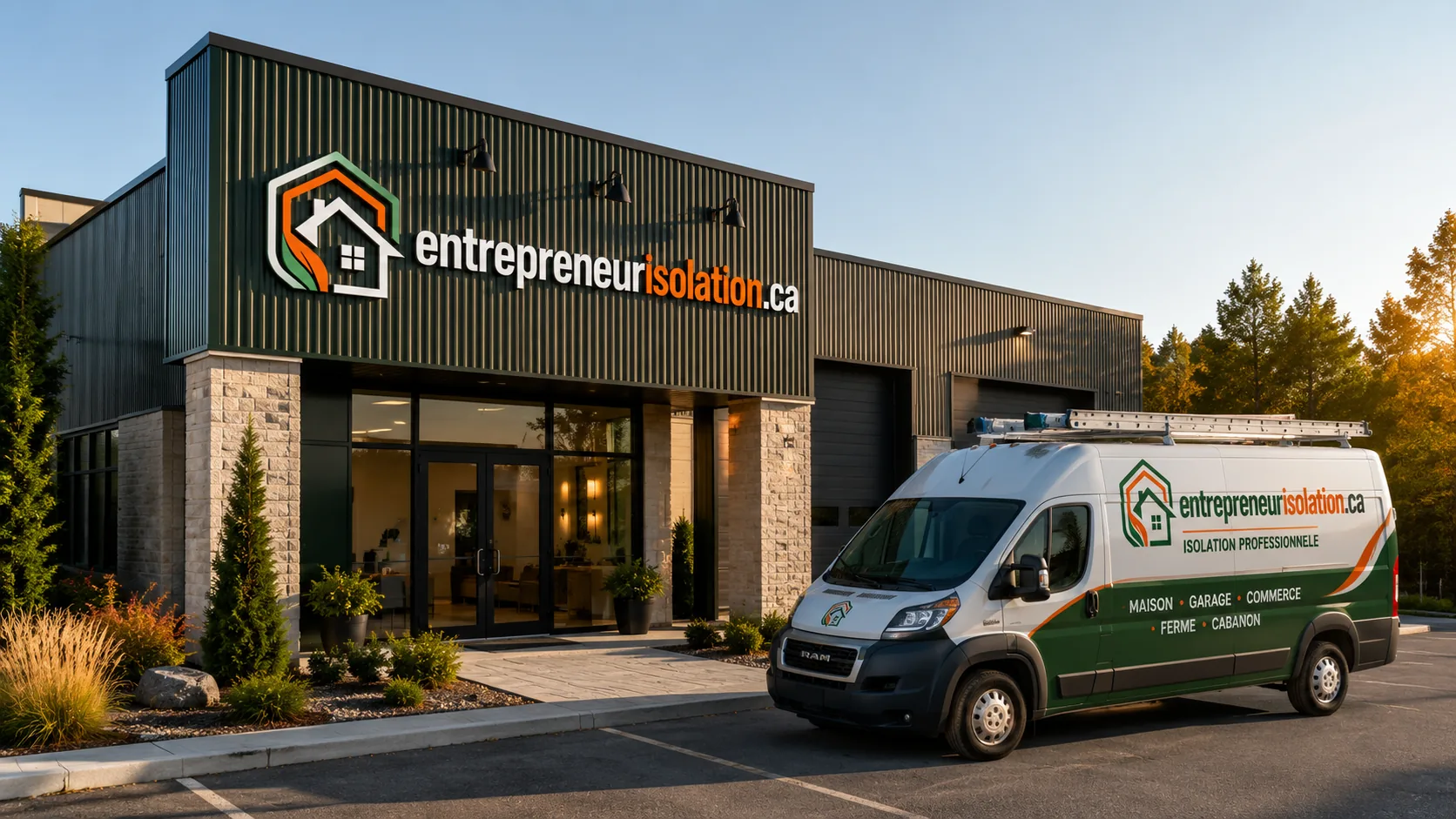 Façade d'une entreprise d'isolation avec véhicule de service